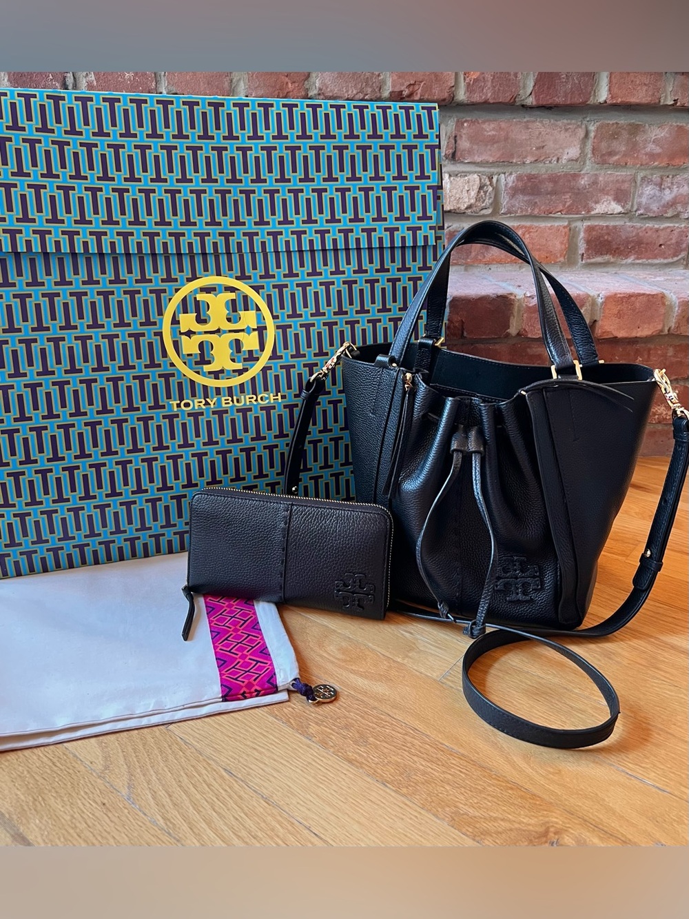 Tory Burch Black McGraw Dragonfly Drawstring Satchel Crossbody & Wallet Set